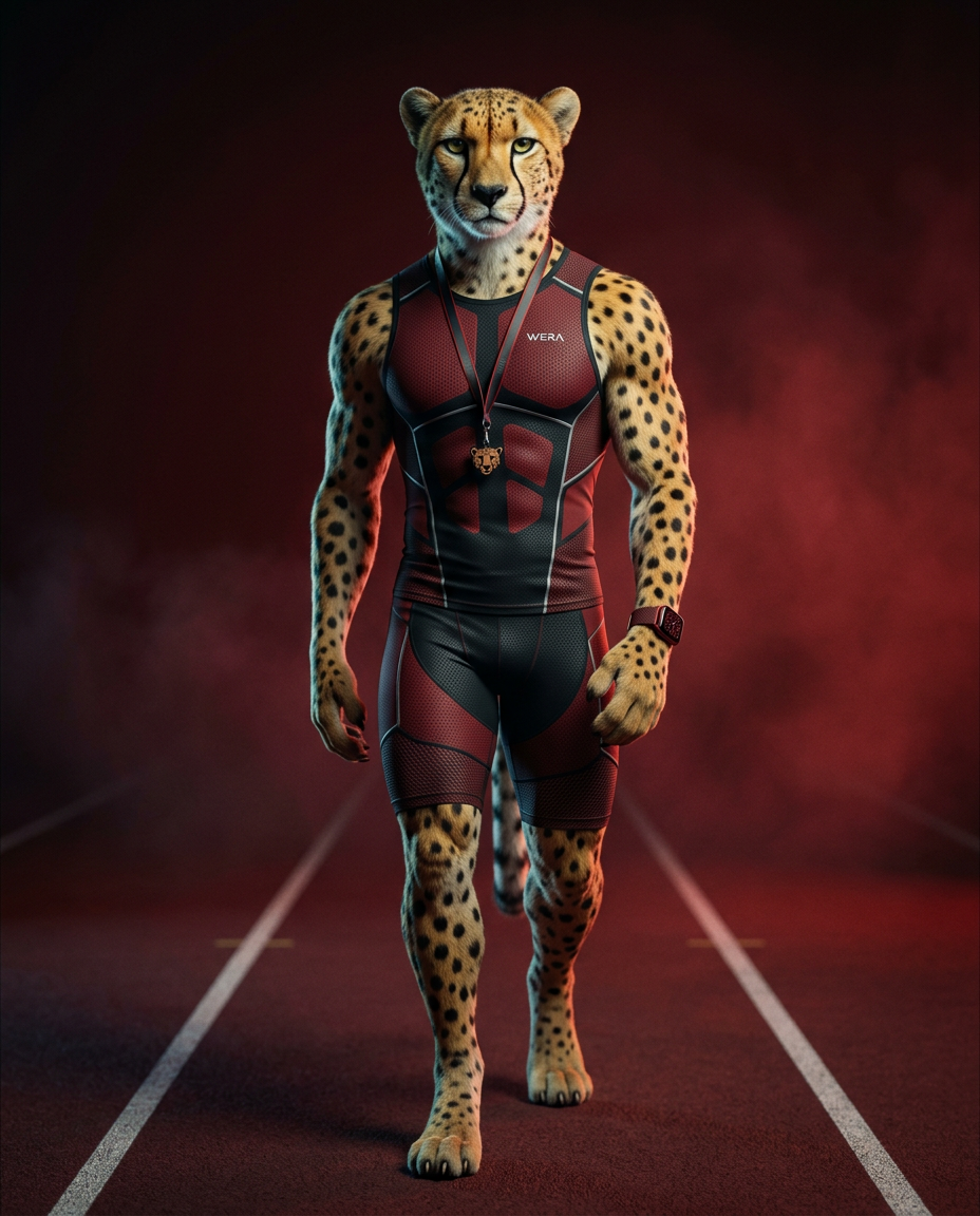 Stylized athletic cheetah character on a running track — premium cinematic visual